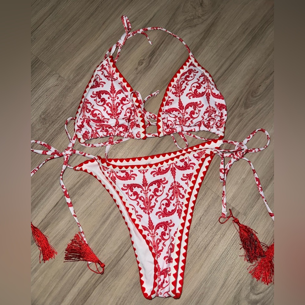 Red and White Printed Tie-Side Bikini Set